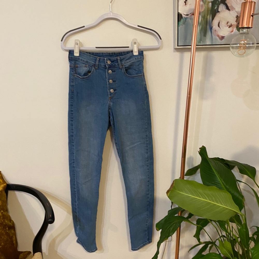&Denim Blue Jeans with Buttons Down the Front